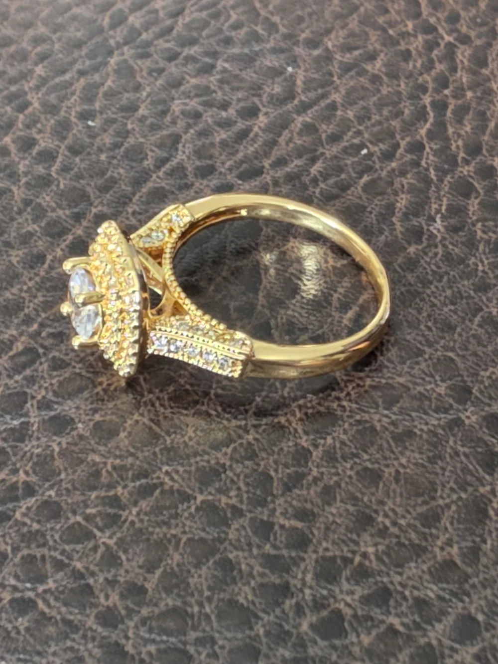 Gold Plated Over Brass Halo Ring with Clear Center Stone Size 8